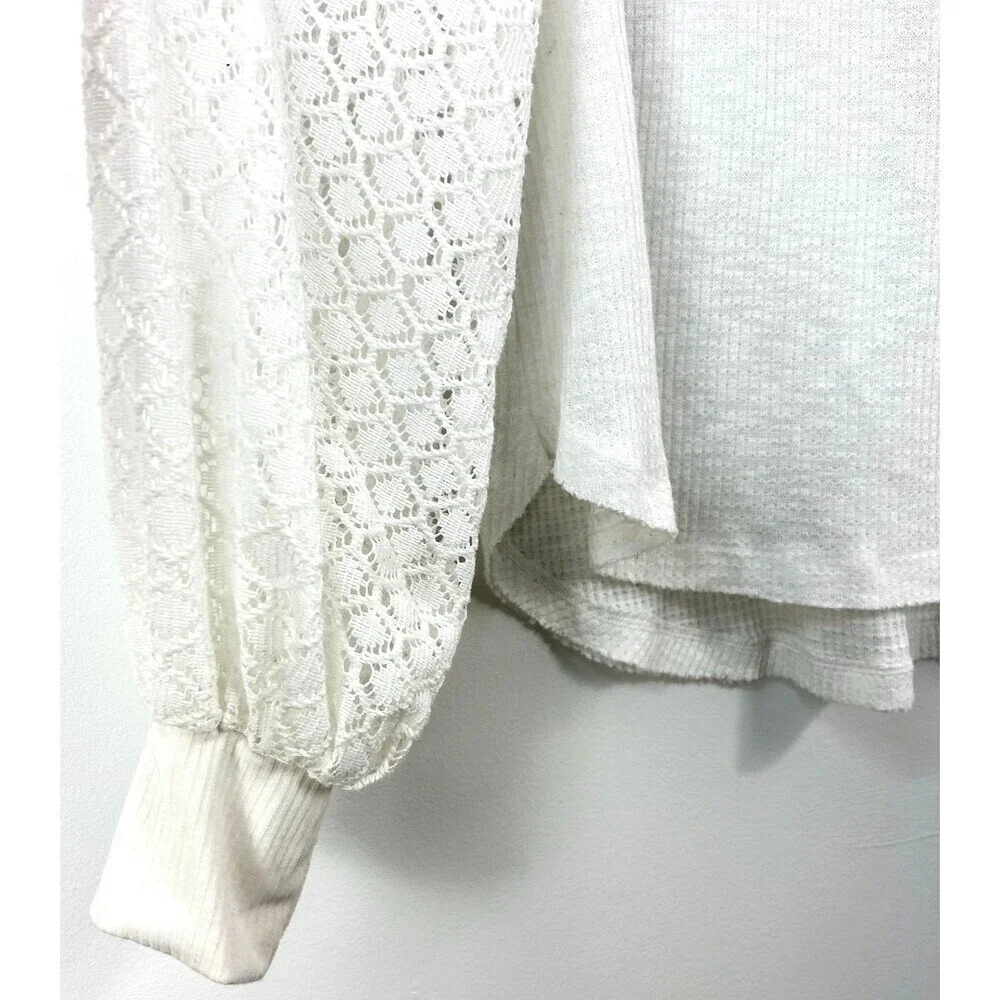 Free‎ People Sweetest Thing White Lace Thermal Top Sz S Boho Long Sleeve 1383R2